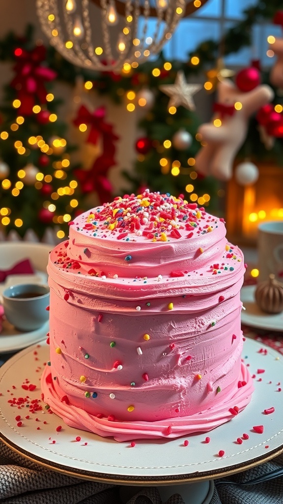 A pink Christmas cake with frosting and sprinkles on a festive table.